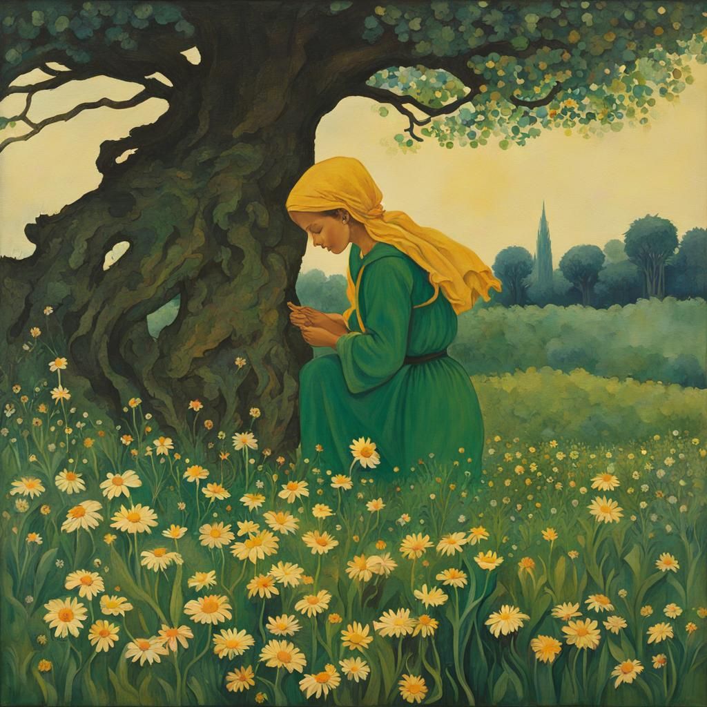 Cubist Girl Picking Daisies in Jacob Lawrence Style