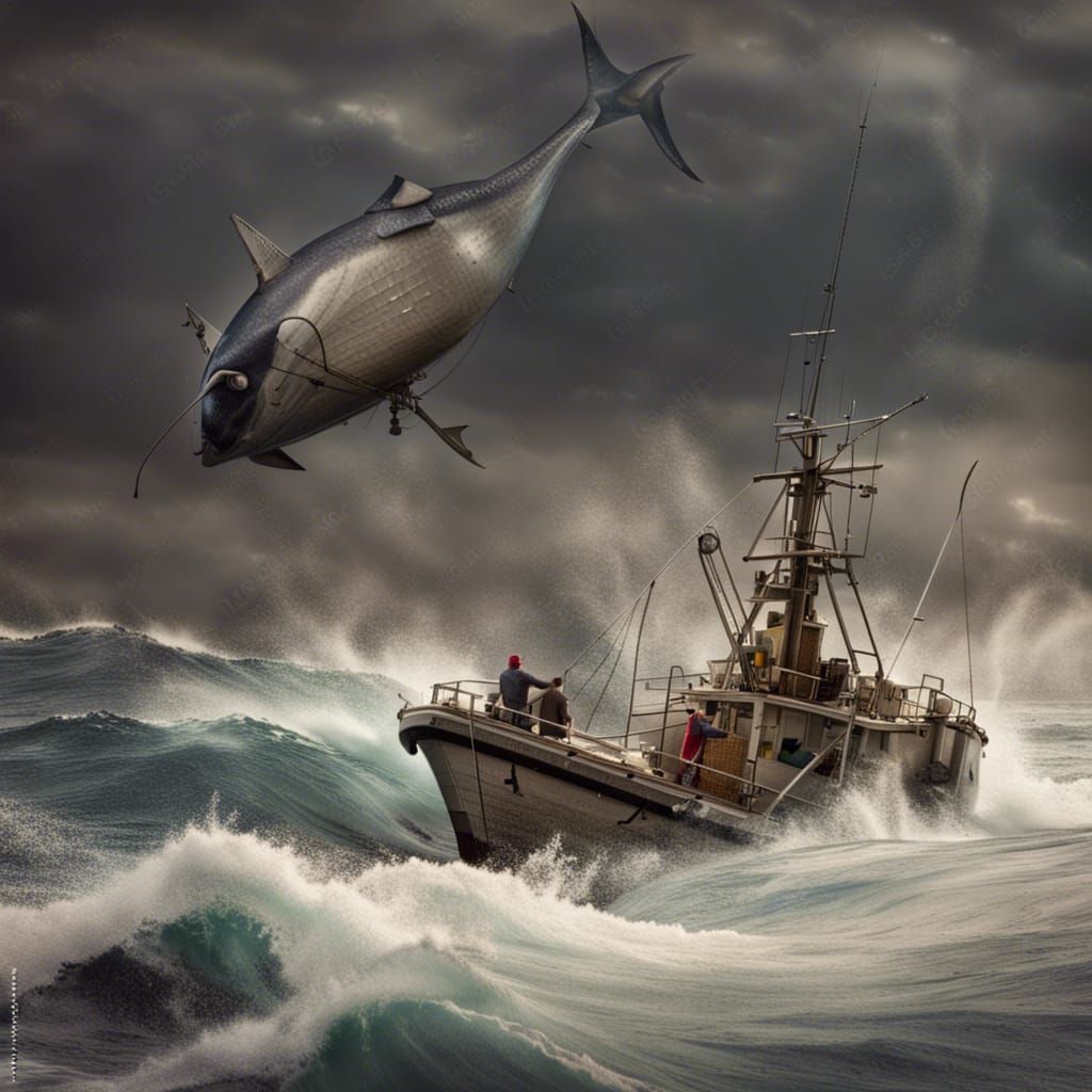 Fisherman Catching Tuna in Stormy Ocean: Hyperdetailed