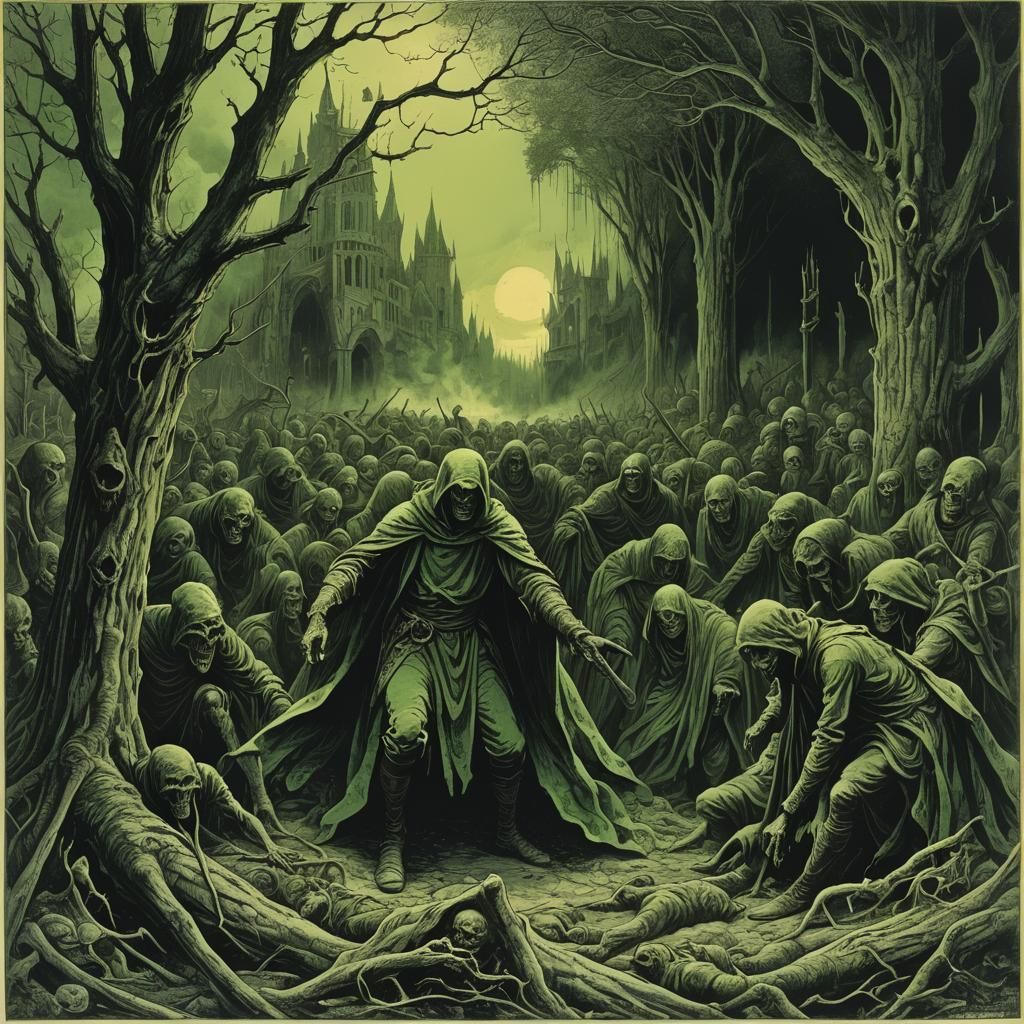 Horrifying Green Scene in Engraving Style