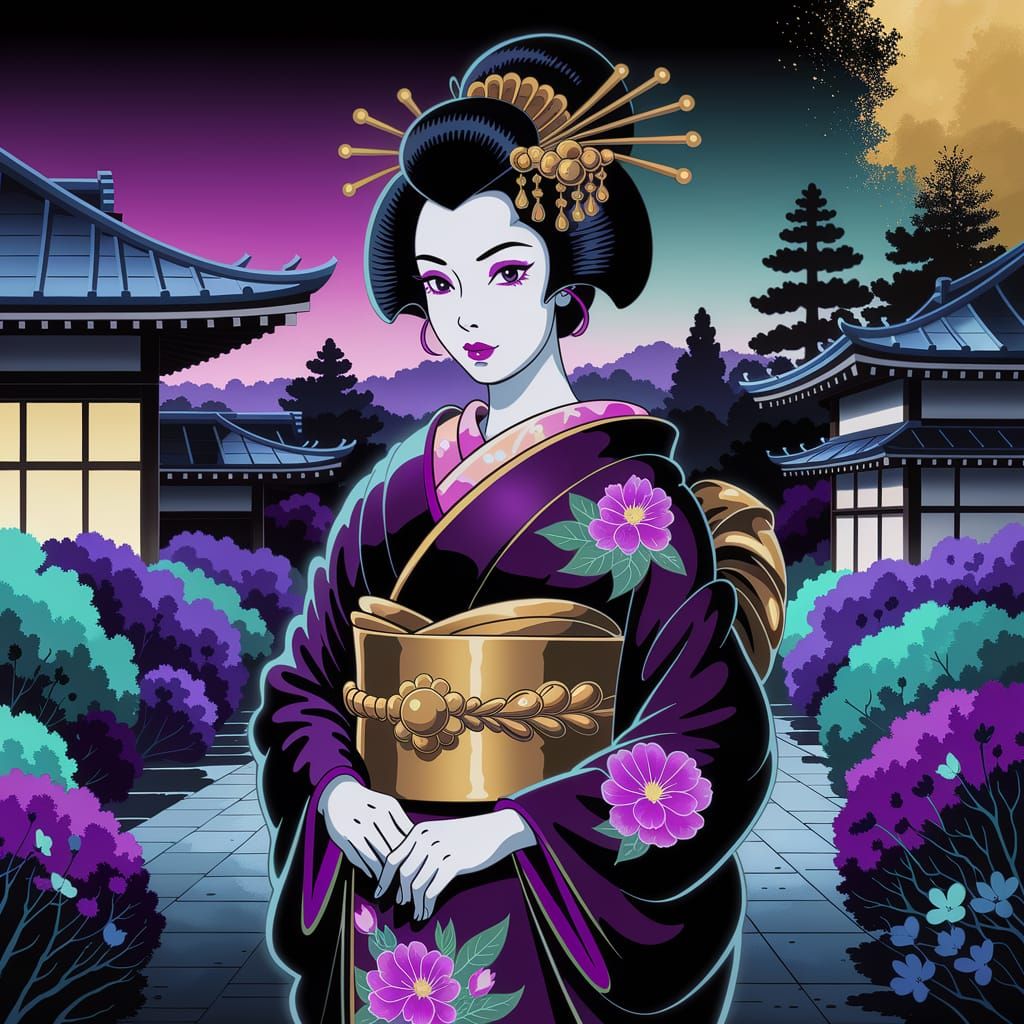Geisha in Japanese Garden with Gold Accents