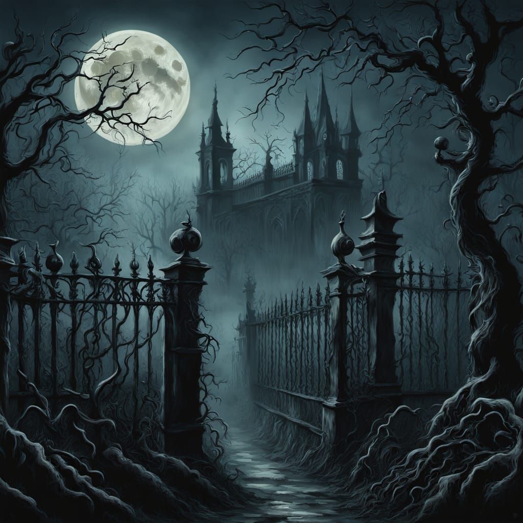 A creepy garden with wrought iron fencing and dark tangled t...