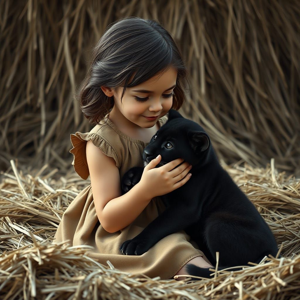 Serene Girl and Black Panther Cub in Rustic Haystack