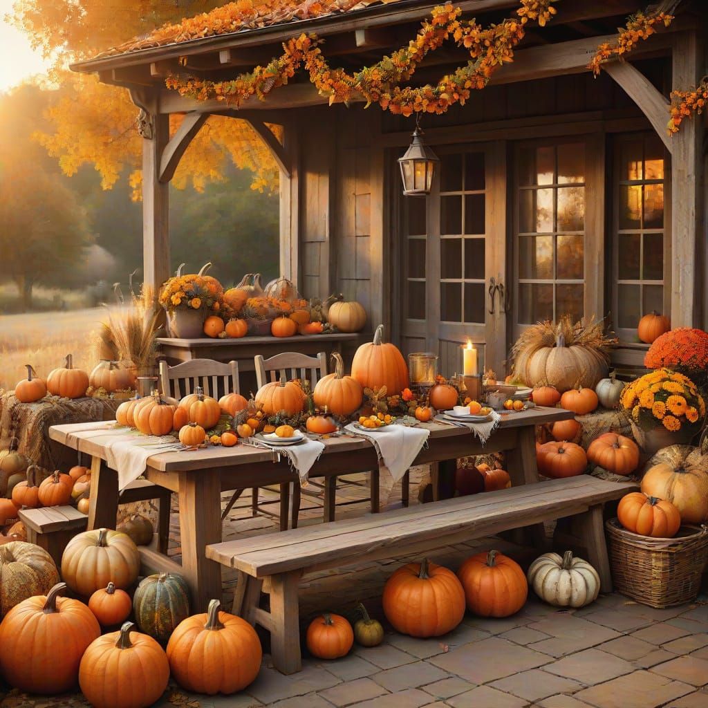 Festive Harvest Table Under Autumn Sky in Golden Hour Glow