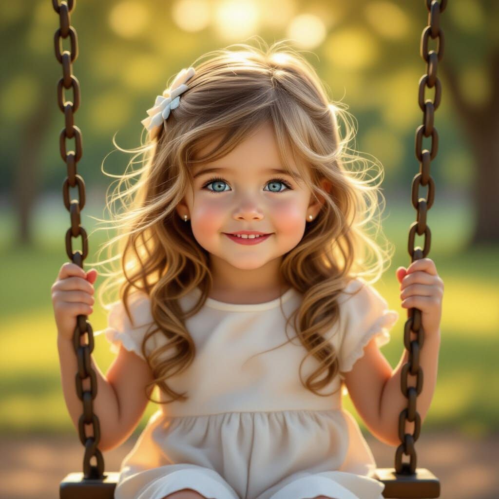 Hyperrealistic Portrait of a Blonde Toddler on a Swing