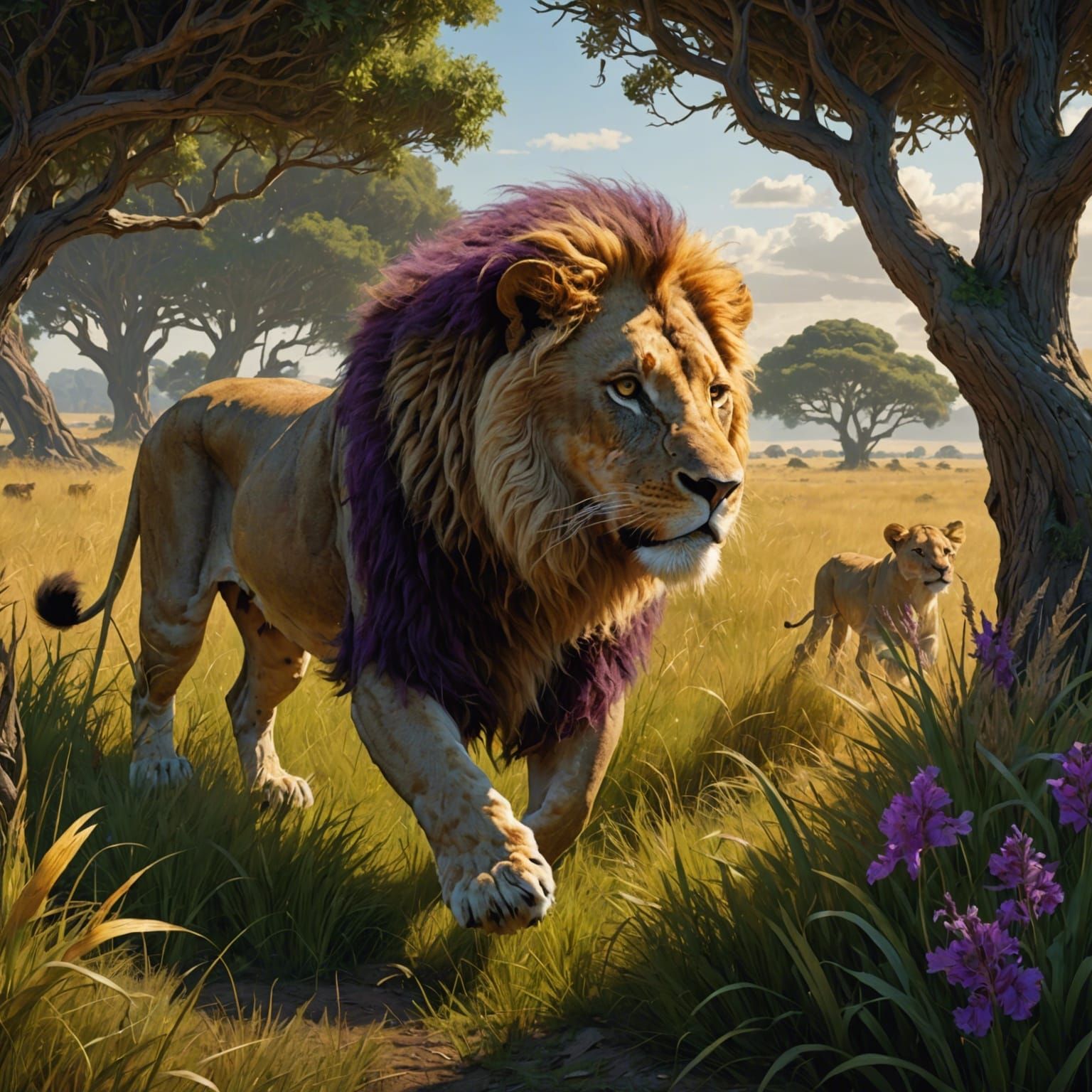 Lion Hunting Antelope on the Savannah: Digital Art