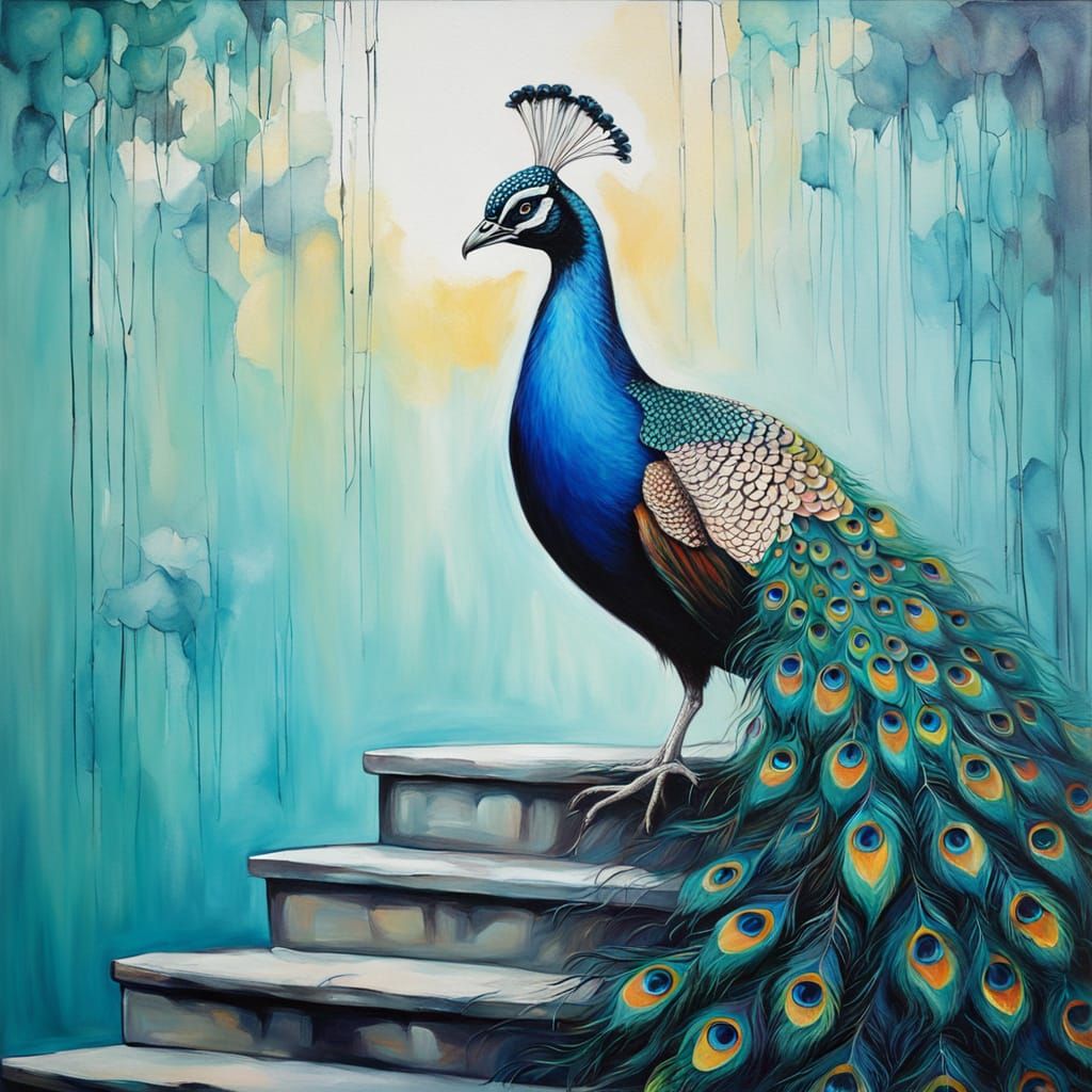 A magnificent peacock standing tall and regal at the top of ...