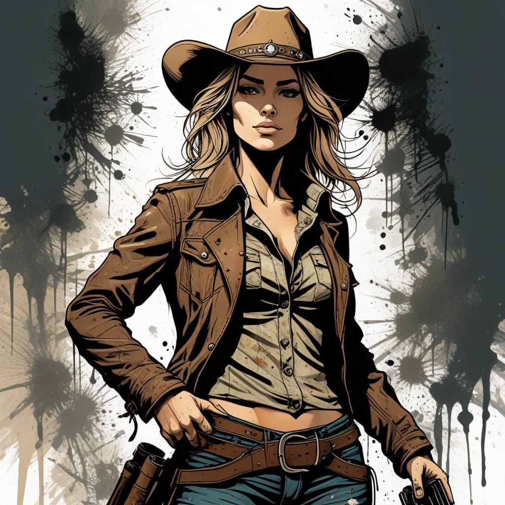 Cowgirl with Gun in Comic Book Ink Illustration