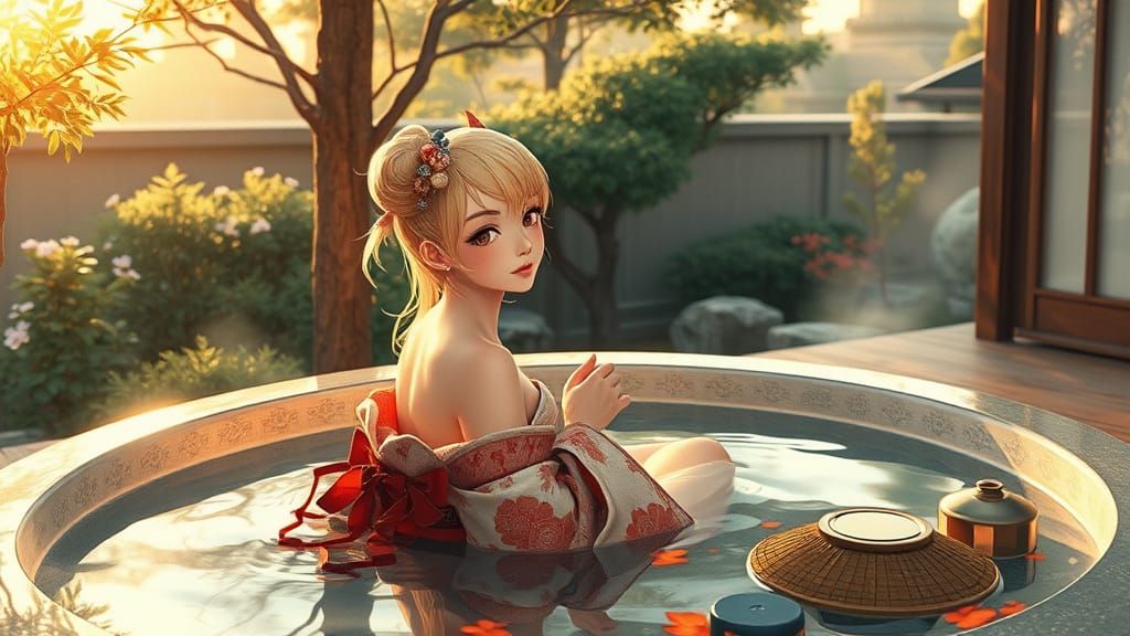 minimalist art, Sumi-e traditional Japanese ink style painting of a beautiful blonde geisha nymph bathing in a japanese ...