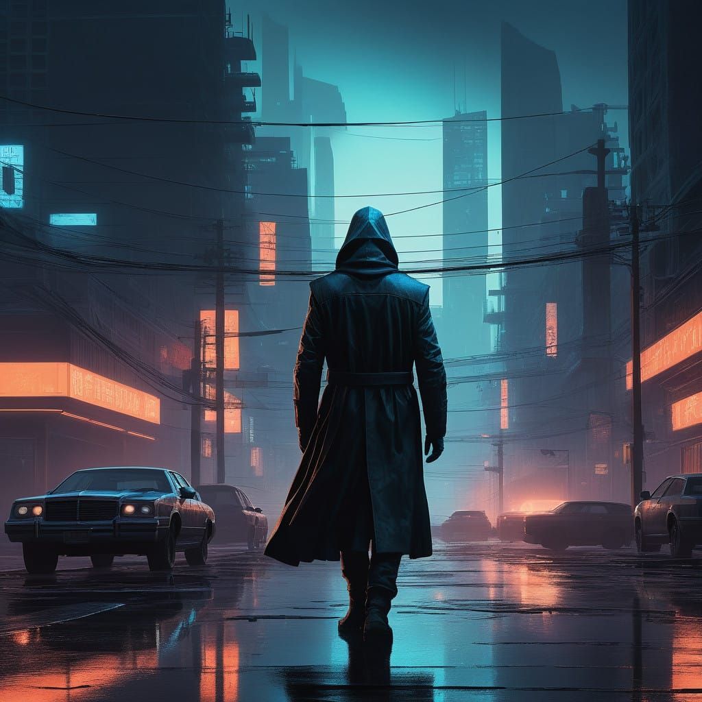 Sleek, Heroic Figure Dominates Dark, Futuristic Landscape