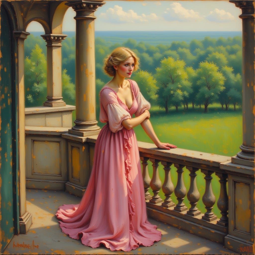 Blonde Lady in Pink Robes on Balcony, Oil Painting