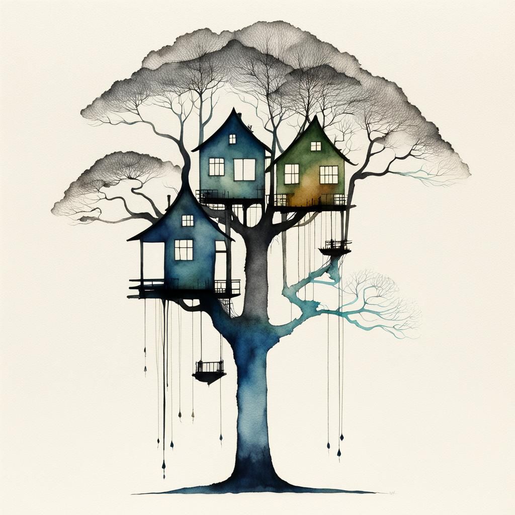 Minimalist Treehouses in Watercolor Ink Style