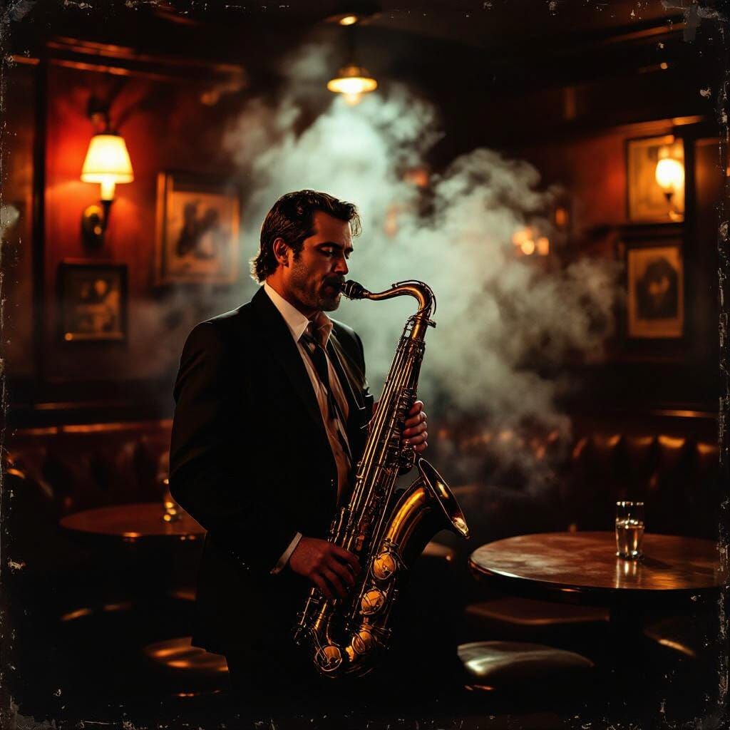 Saxophone Player in Smoky Jazz Club: Faded Film Aesthetic