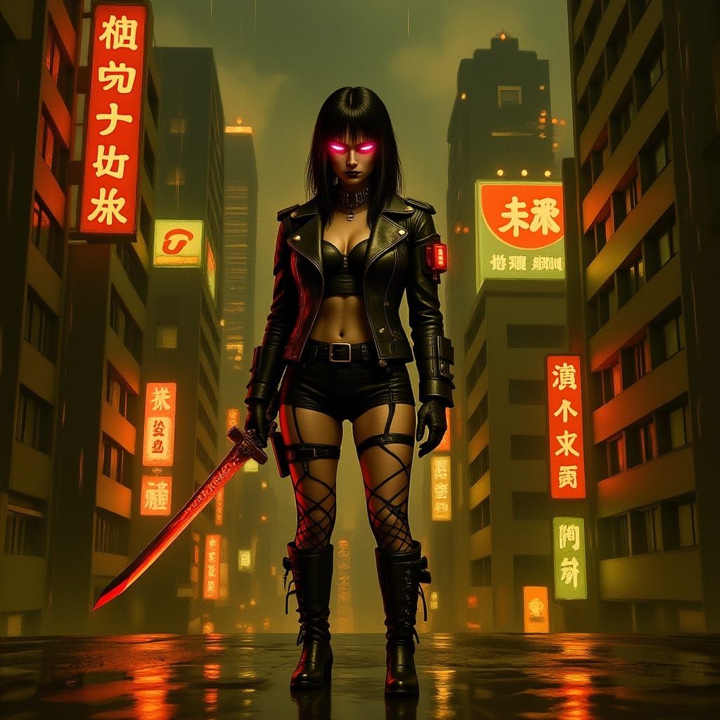 Cybernetic Gothic Woman in a Futuristic Metropolis