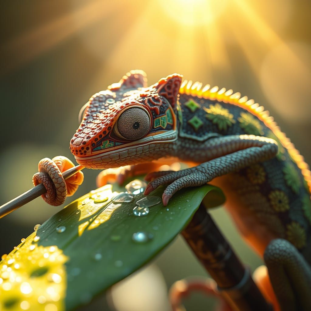 Hyperrealistic Chameleon Painter in Intricate Clothing
