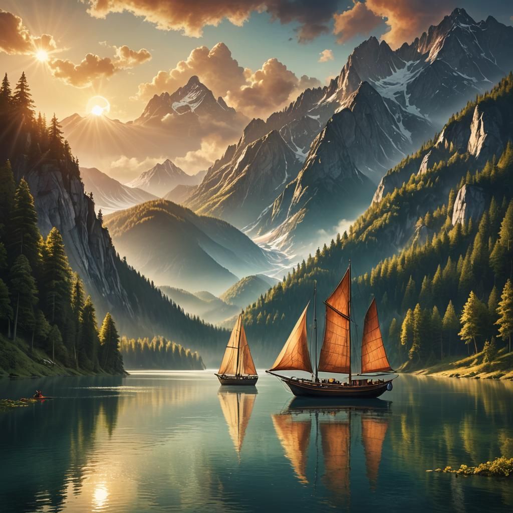 Sailing Boat on Lake at Sunny Sunrise