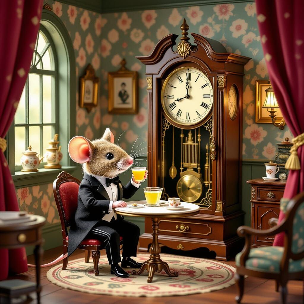 Monsieur Rodent sipping from a thimble-sized glass of lemona...