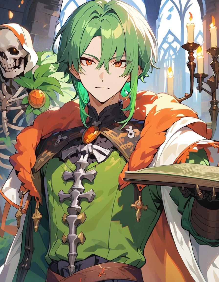 Green-Haired Necromancer in Gothic Cel-Shading Style