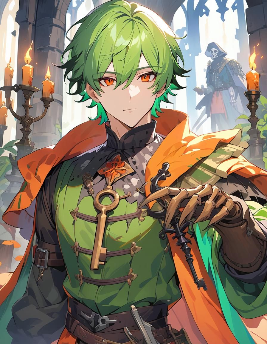 Green-Haired Necromancer in Cel-Shading Style