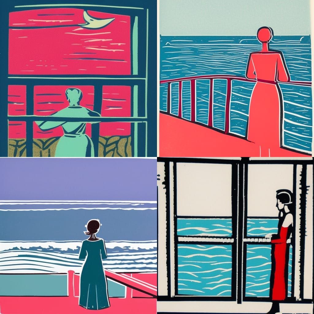 Woman on Balcony: Color Linocut Seascape