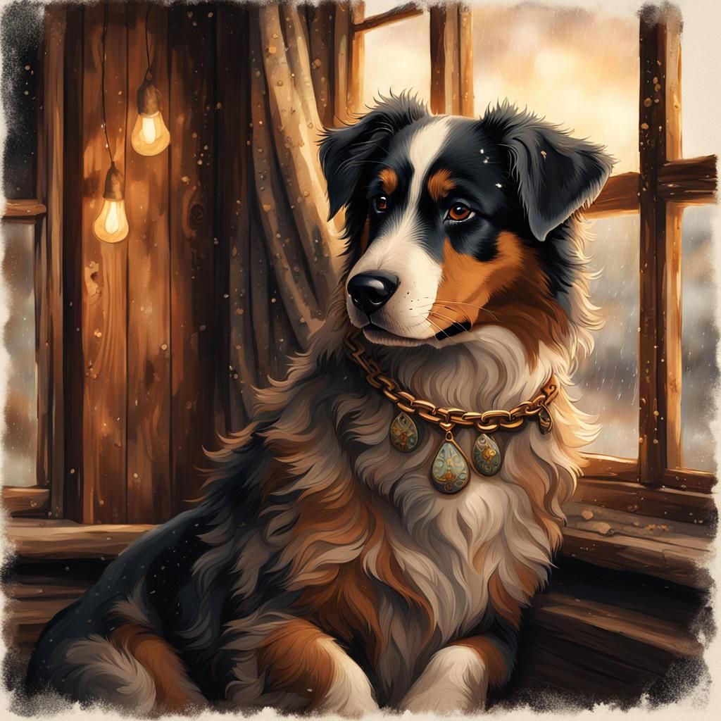 Australian Shepherd Comforts Woman: Art Nouveau Watercolor