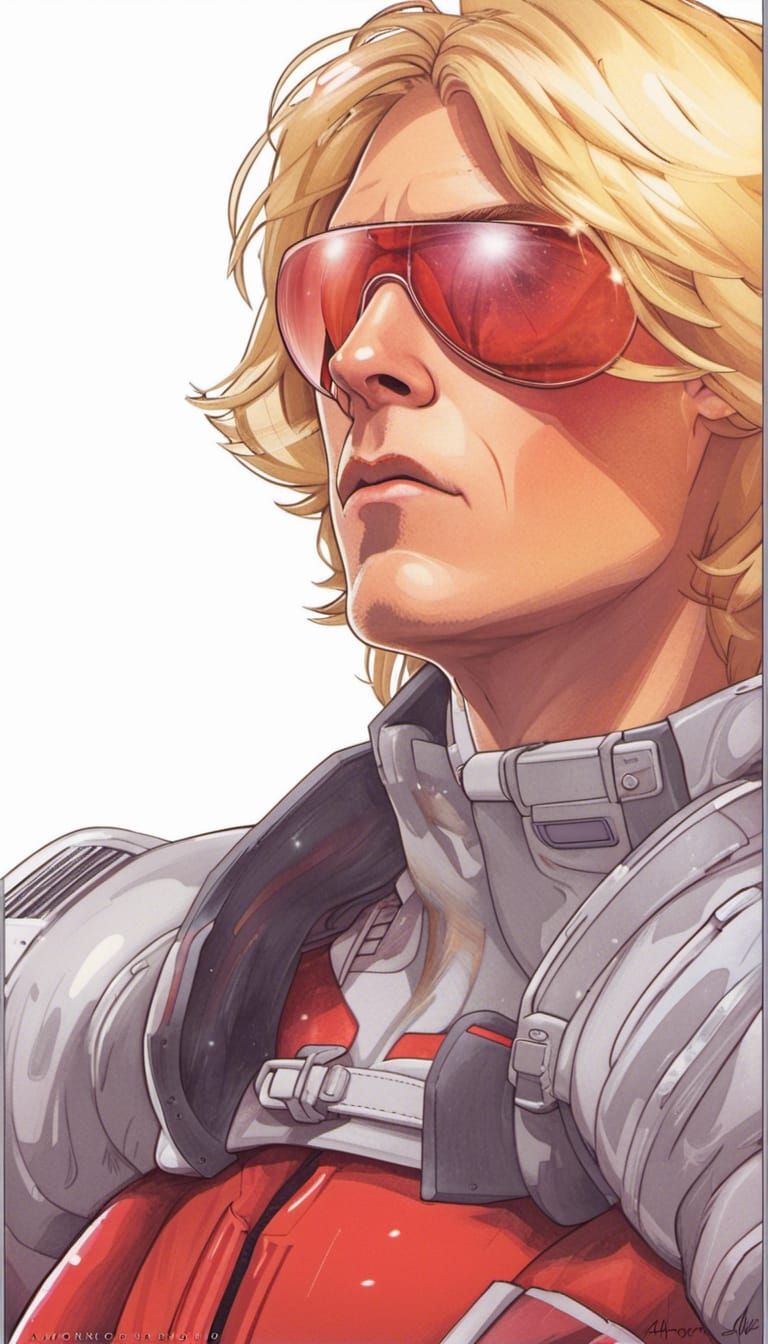 Char Aznable, slim attractive man with shoulder length blonde hair, aviator sunglasses, red space suit, head and torso p...