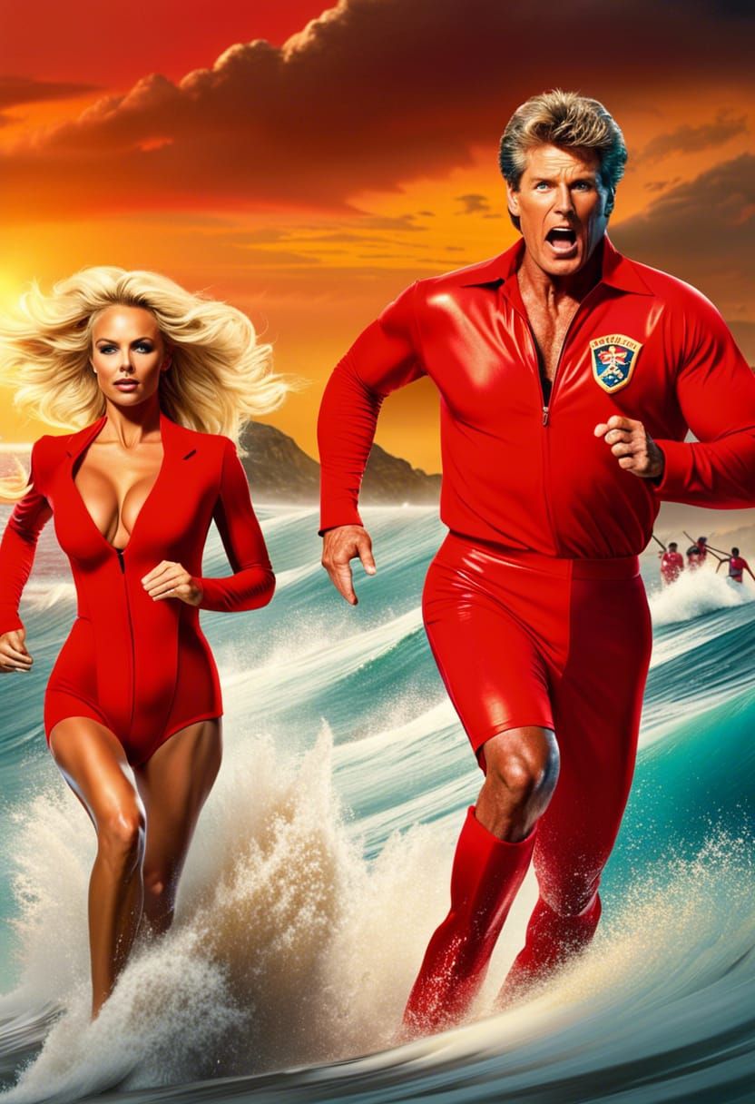 Pamela Anderson in Baywatch costume, David Hasselhoff in kinky boots