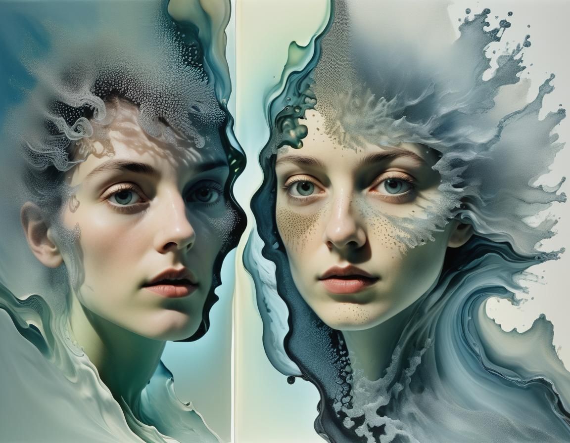 Ethereal Duality: Male and Female Figures Amidst Glowing Mou...