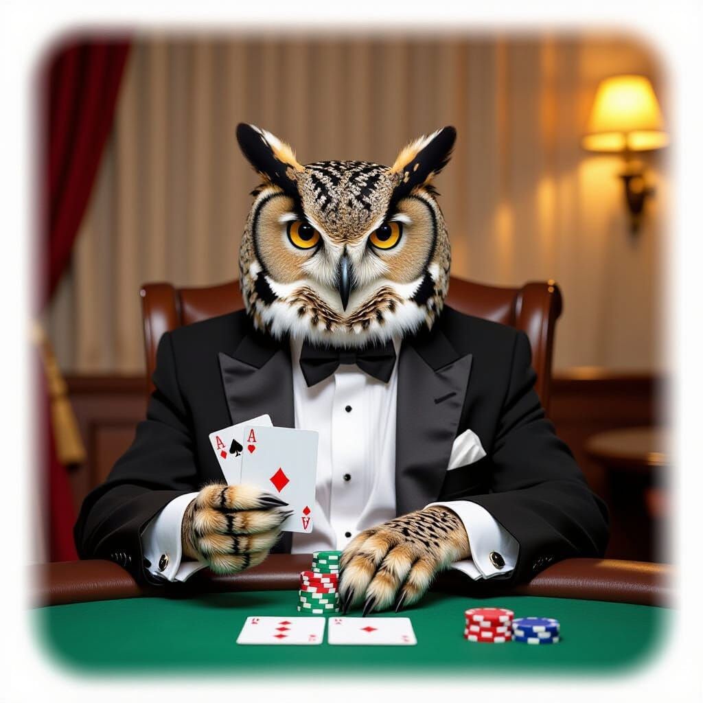 An Owl Playing Poker in a Tuxedo