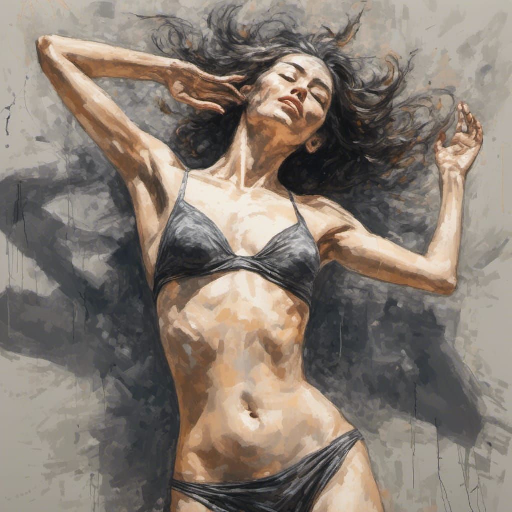 Woman with Bikini Top in Charcoal Sketch Style