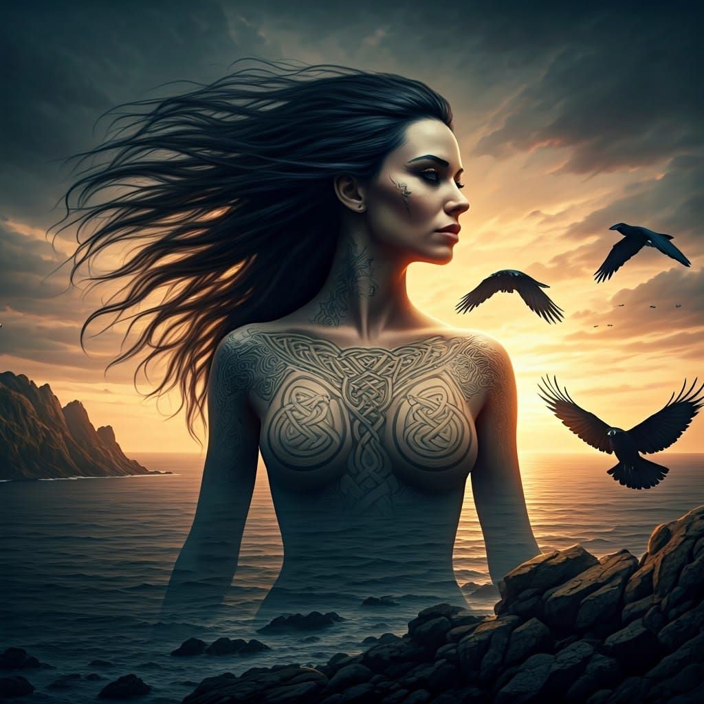 Celtic Goddess Morrigan in Dramatic Double Exposure