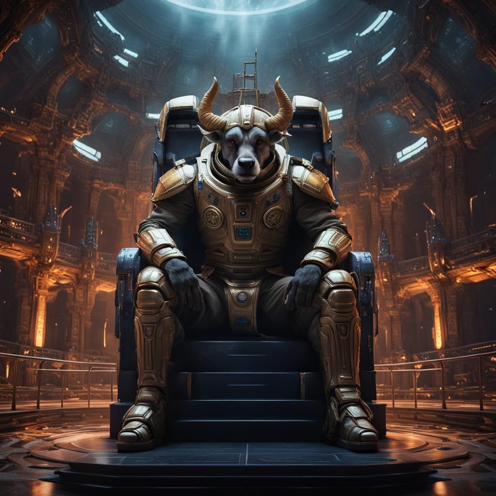 Minotaur in Spacesuit on Raypunk Throne