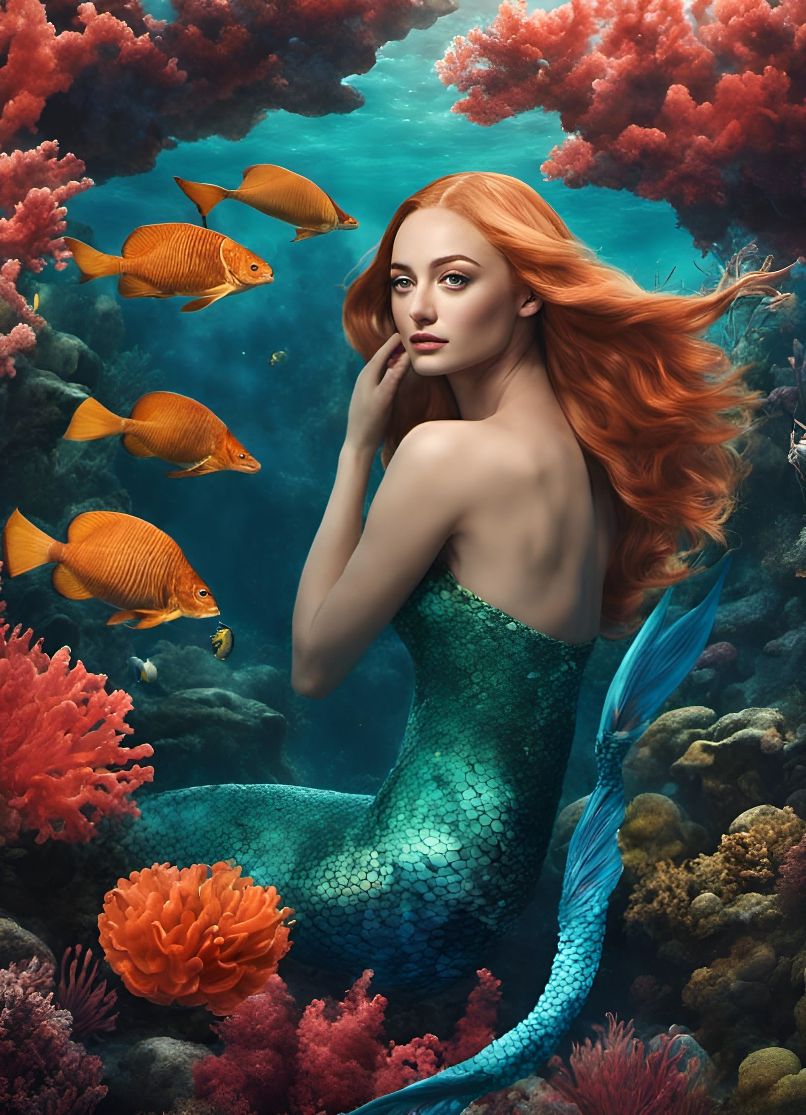 Sophie Turner Mermaid in Coral Garden