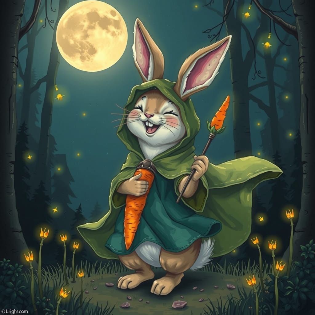 Whimsical Bunny Wields Carrot Wand Under Moon