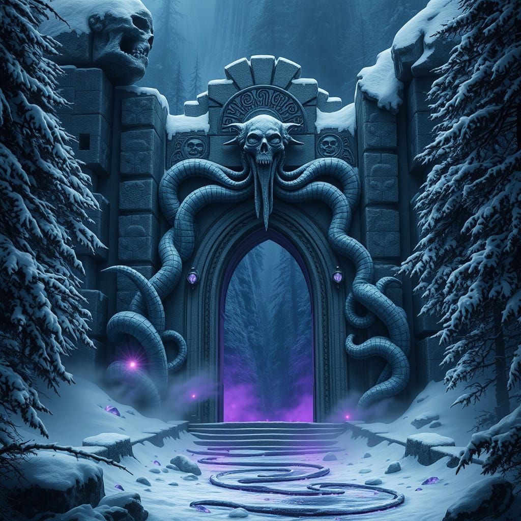 Dark Nordic Shrine Entrance Carved into Snow-Dusted Mountain...
