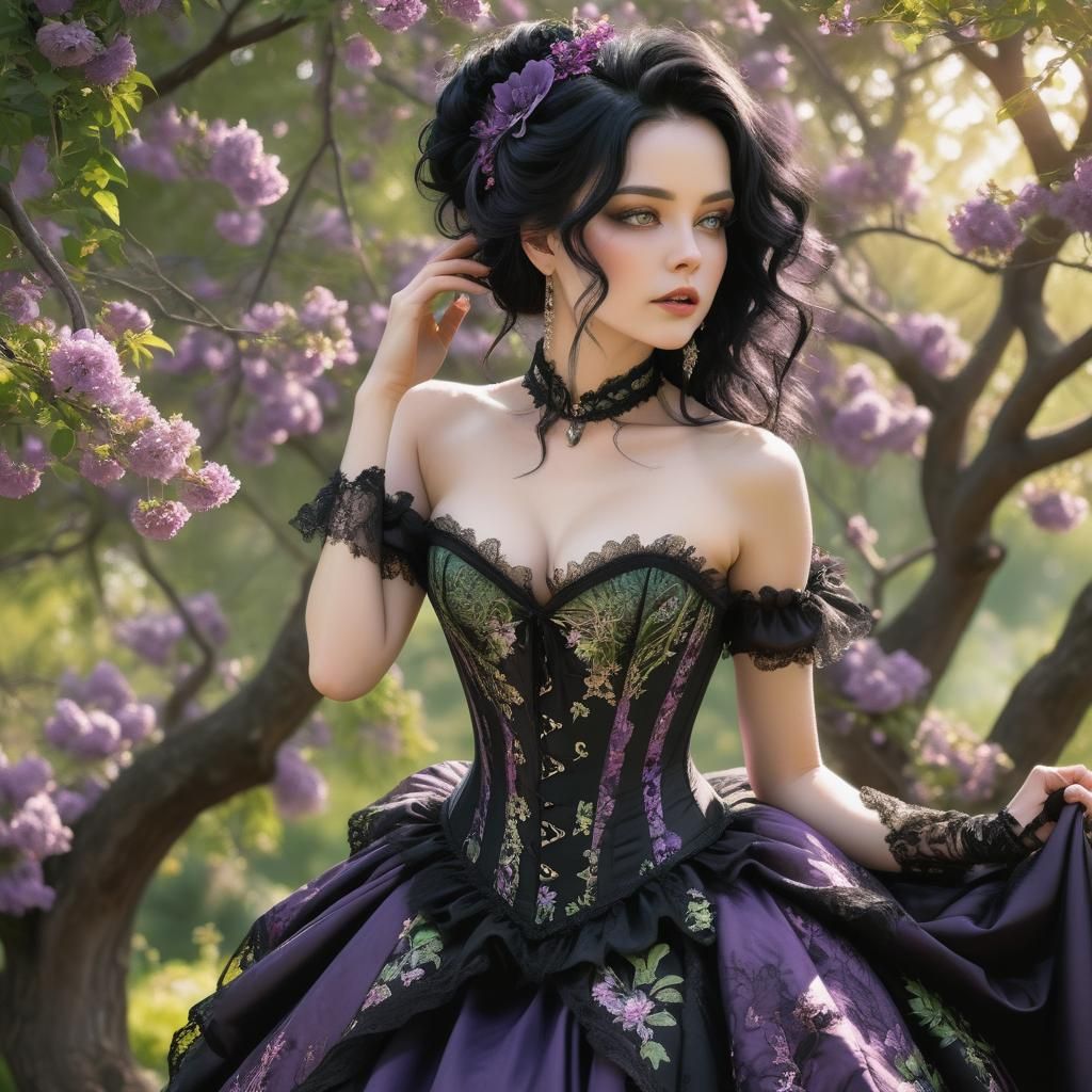 Woman in Purple Corset by Blossoming Tree