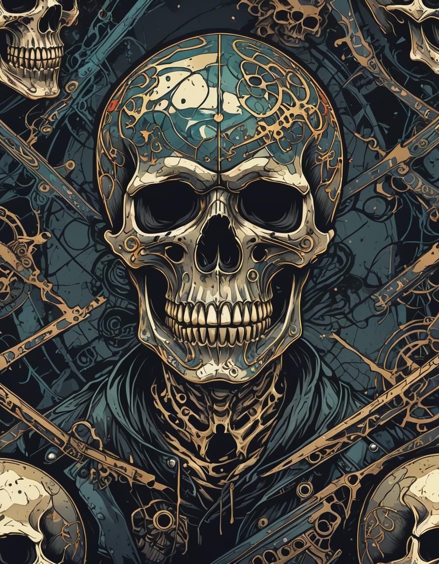 Vibrant Gothic Biker Skull in Grungy Vector Art Style