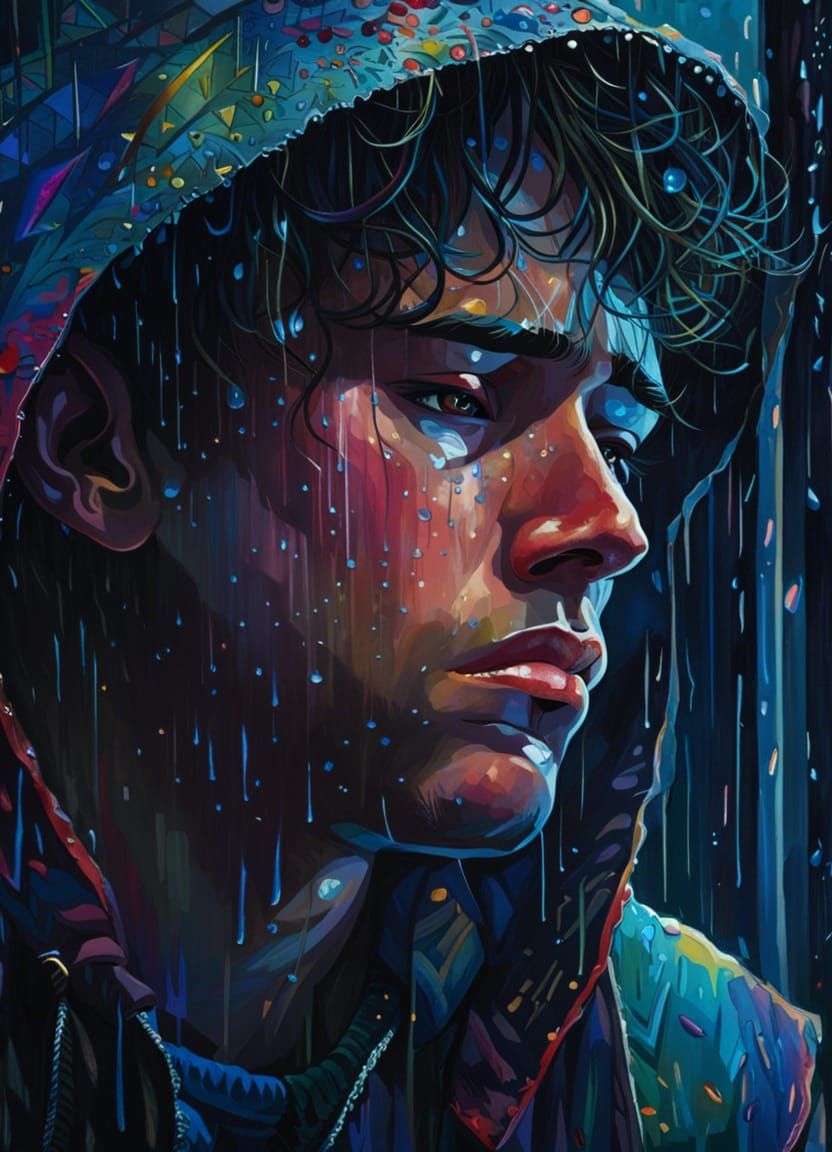 Sorrowful Young Man Gazing Through Rainy Window