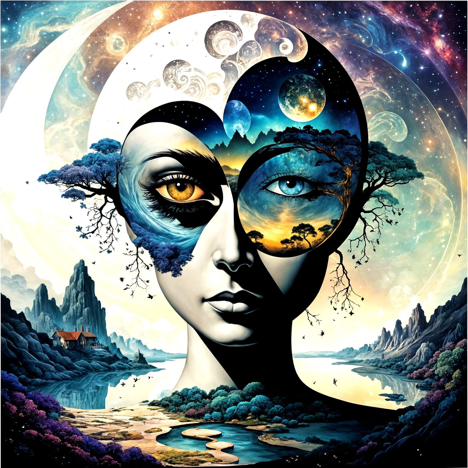 Surreal Yin-Yang Stargate with Bonsai and Cottages