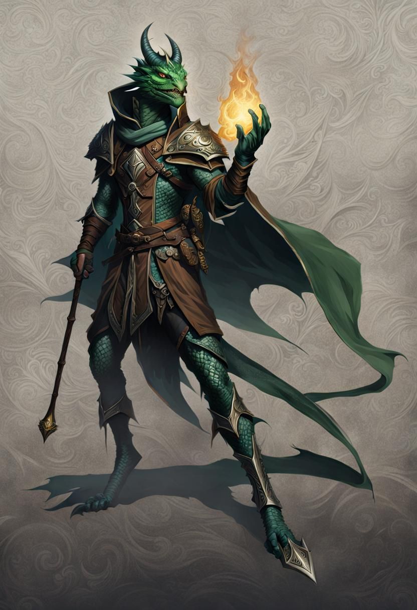 Green Dragonborn Sorcerer in Detailed Matte Painting Style