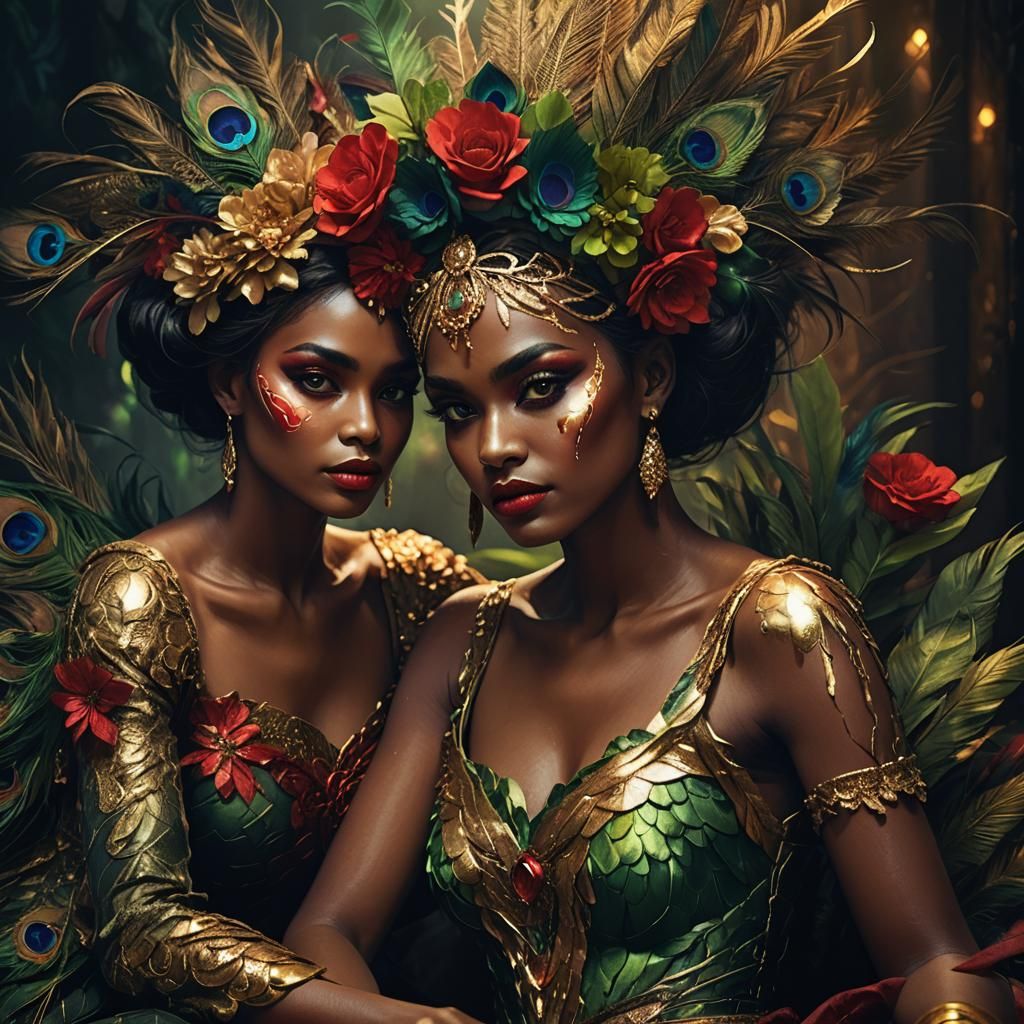 Fantasy Women with Peacock Feathers and Flower Crowns