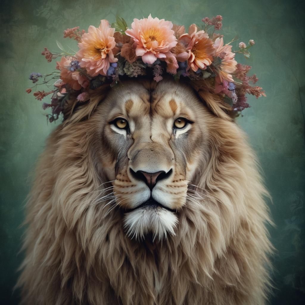 Lion with Flower Crown in Kirlian Photography Style