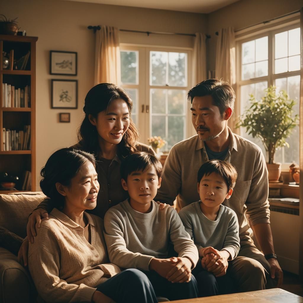 Cozy Mixed Heritage Family Portrait in Film Style