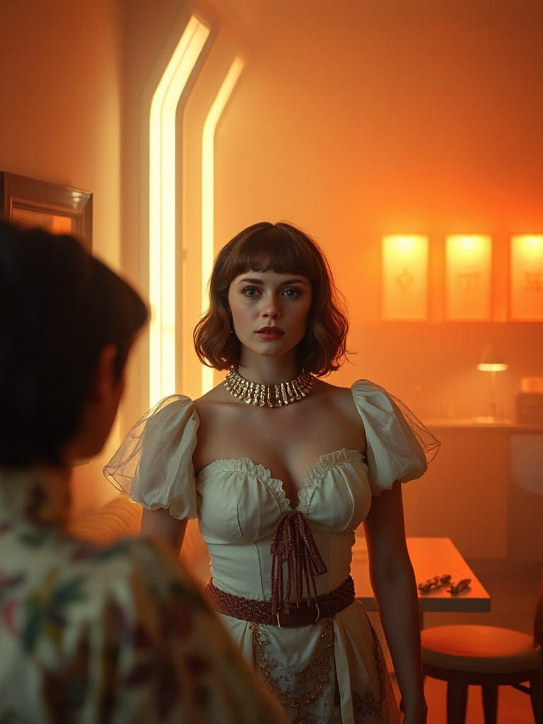 Slendora Met in Cinematic Film Still with Golden Lighting