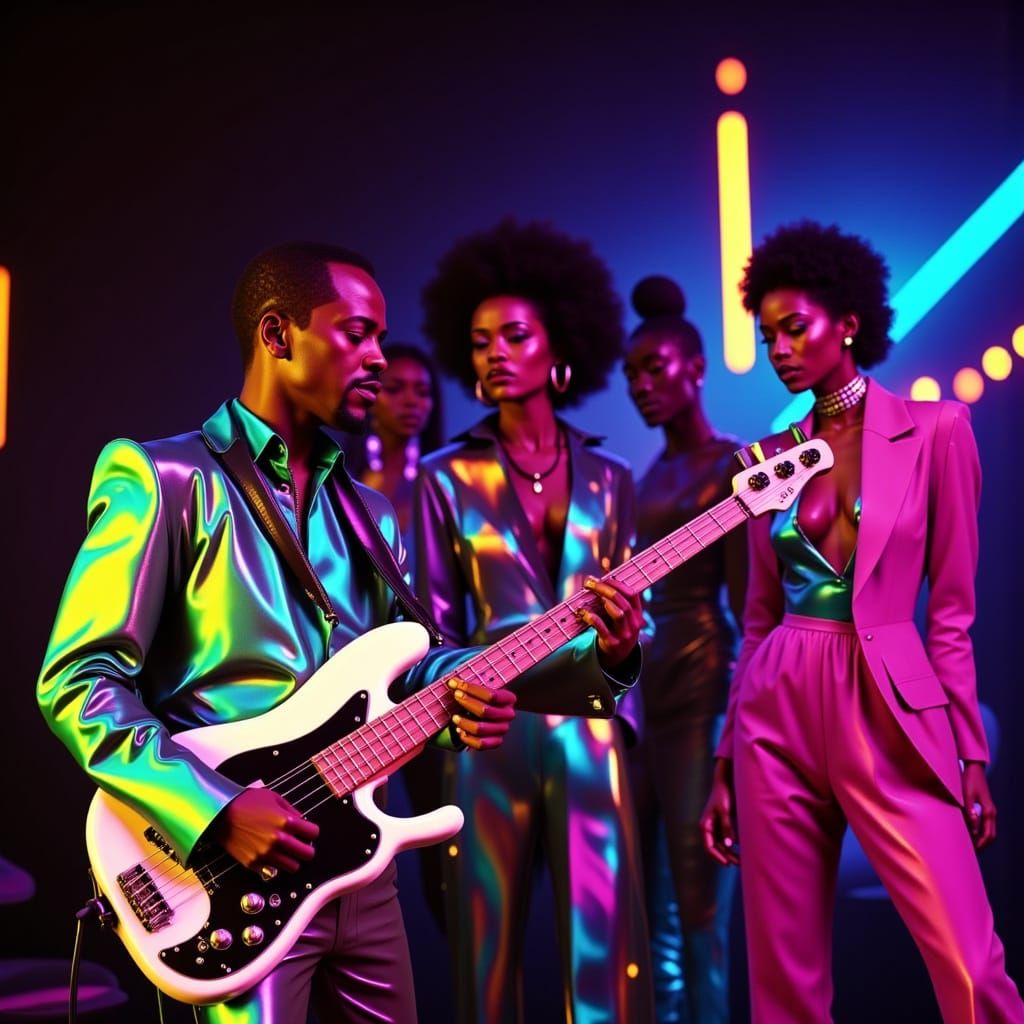 Afro American Bass Guitarist in Neon-Lit 80s Style