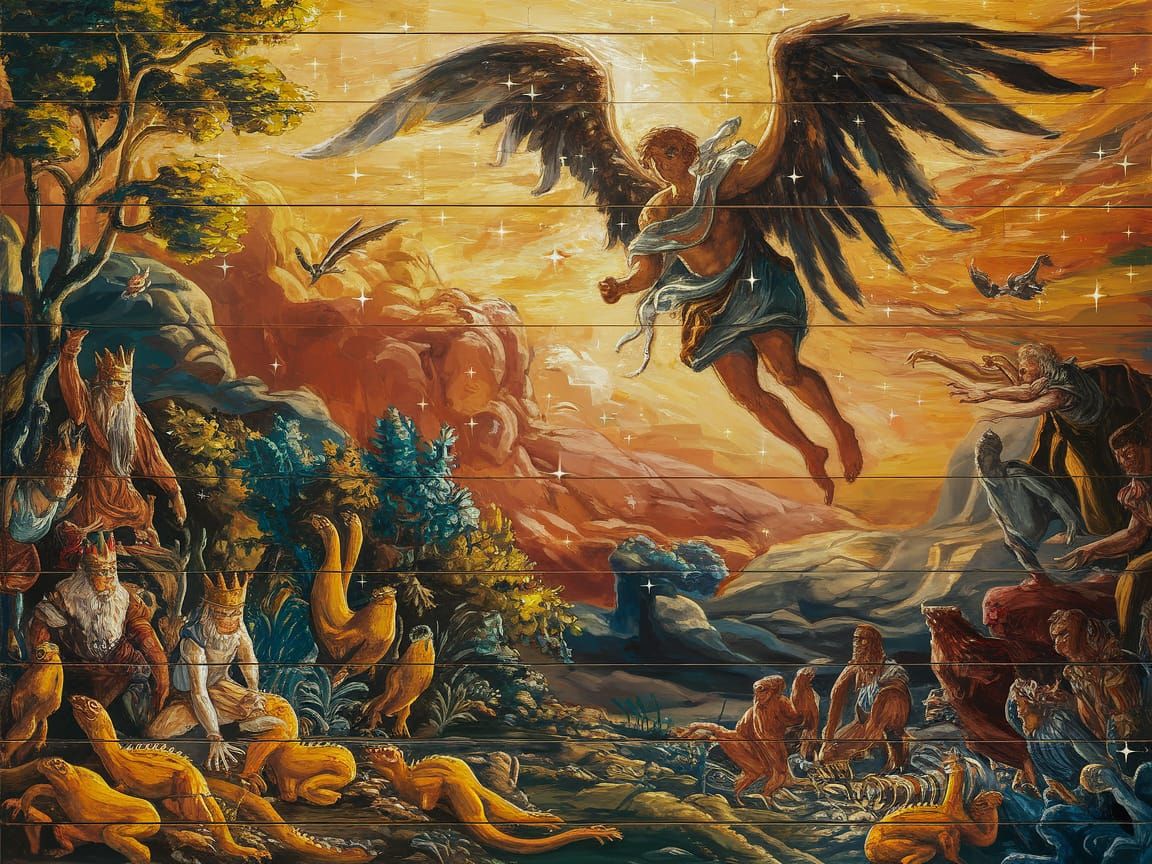 Ethereal Flight Over Mythical Lands as Oil Painting