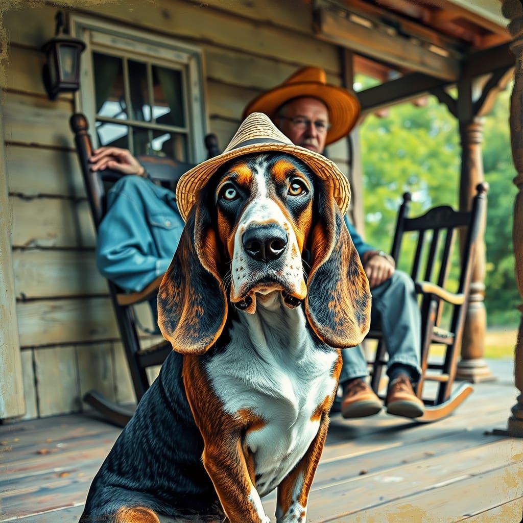Basset Hound on Rustic Porch in Post-Impressionist Style