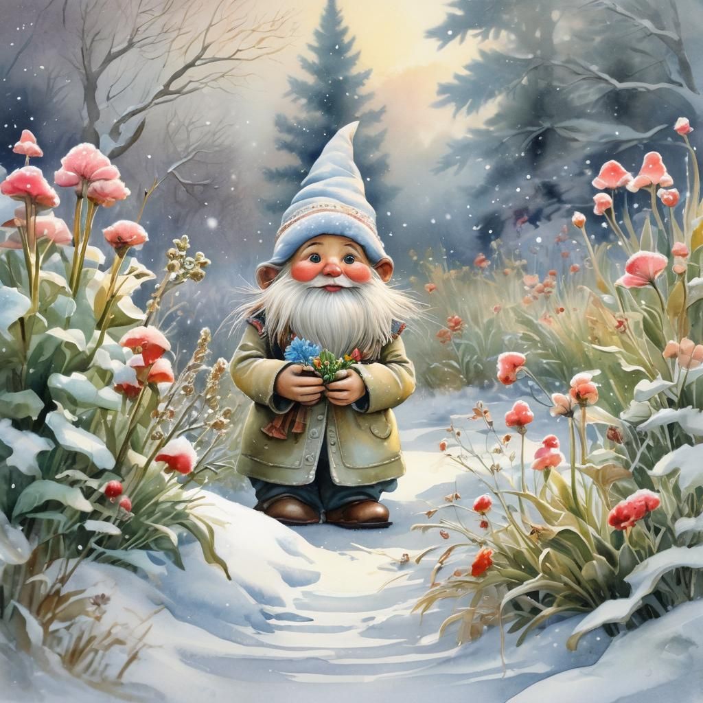 Enchanting Winter Gnome Scene in Watercolor Style