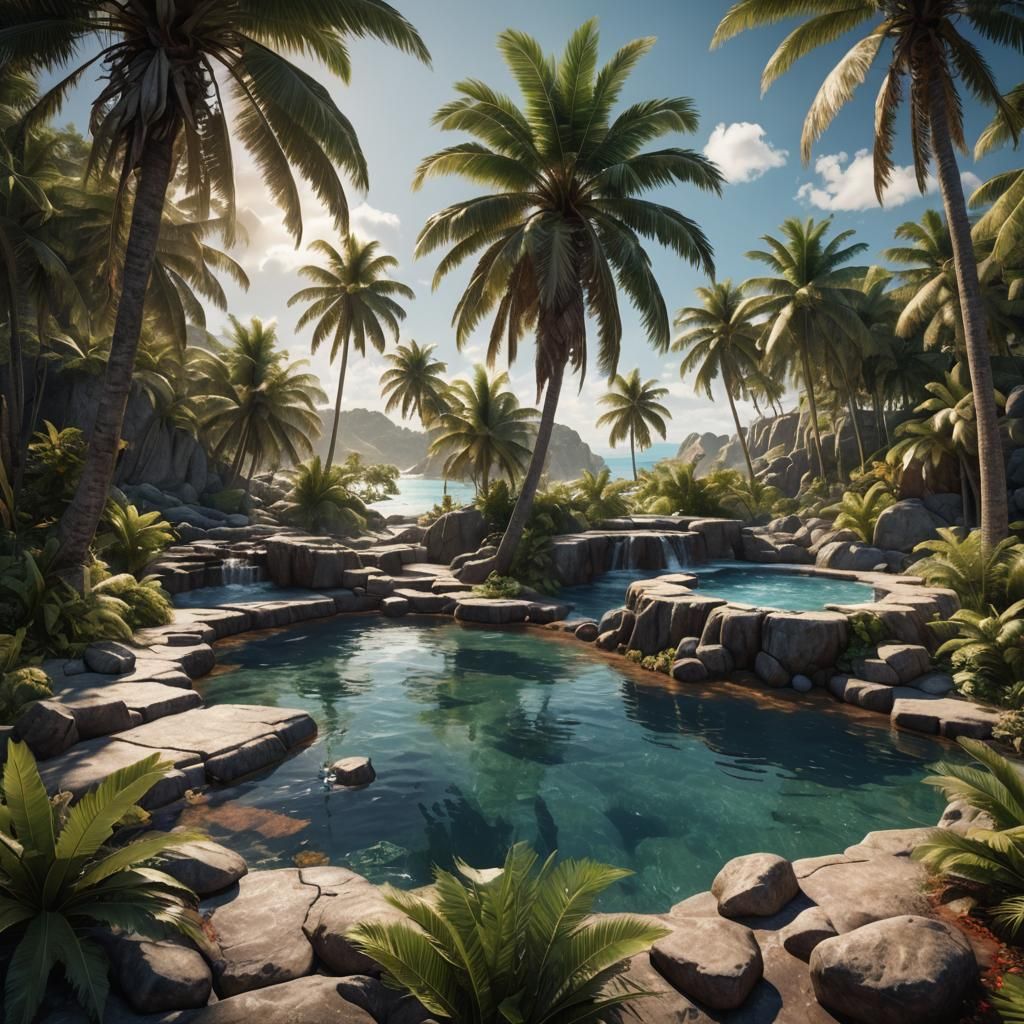 Caribbean Beach Pool with Palm Trees in Matte Painting Style