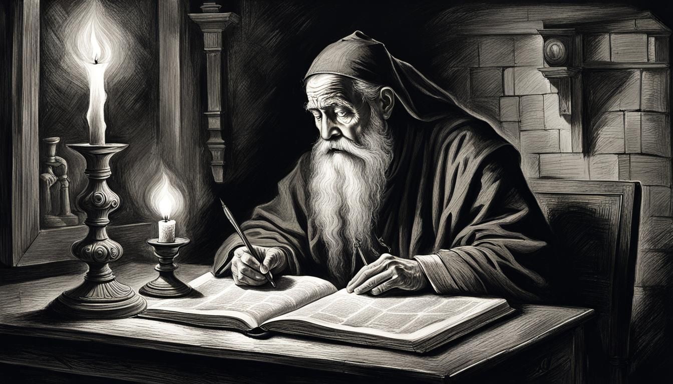 Monk Writing by Candlestick in Ancient Convent