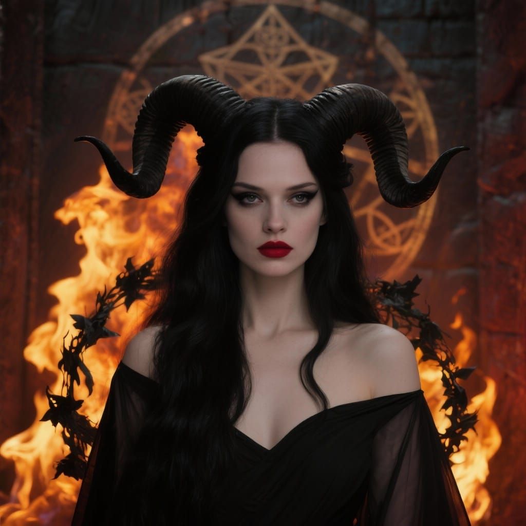 Goddess Face With Ram Horns and Fiery Background